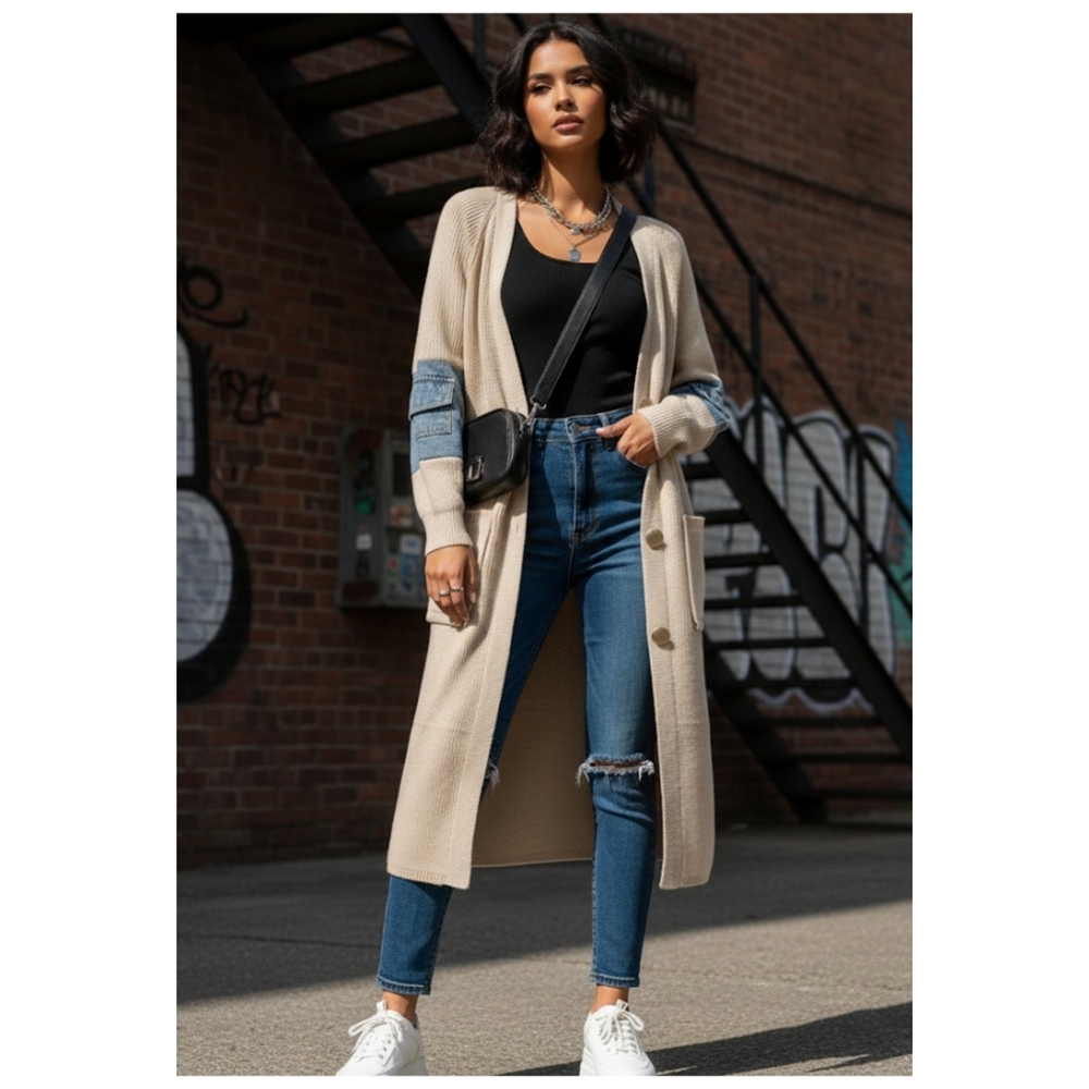Beige Open-Front Long Cardigan with Denim Patch Sleeves